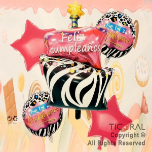 SET DE GLOBOS METALIZADO FELIZ CUMPLEA�OS TORTA ROSA 5 UNIDADES X 1